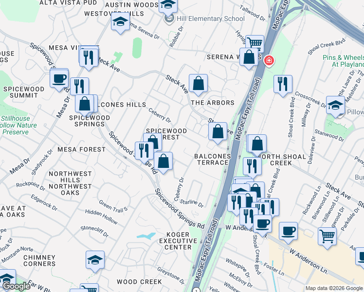 map of restaurants, bars, coffee shops, grocery stores, and more near 3615 Summit Bend in Austin