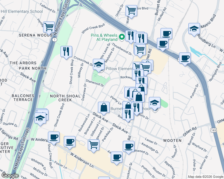 map of restaurants, bars, coffee shops, grocery stores, and more near 8406 Briarwood Lane in Austin