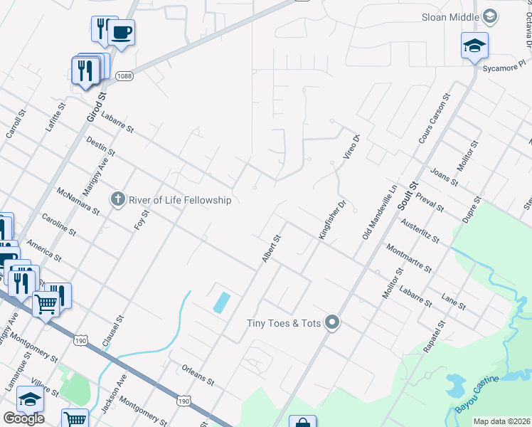 map of restaurants, bars, coffee shops, grocery stores, and more near 6417 Belle Maison Lane in Mandeville