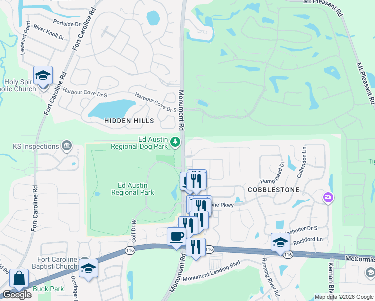 map of restaurants, bars, coffee shops, grocery stores, and more near 3414 Cozumel Court in Jacksonville