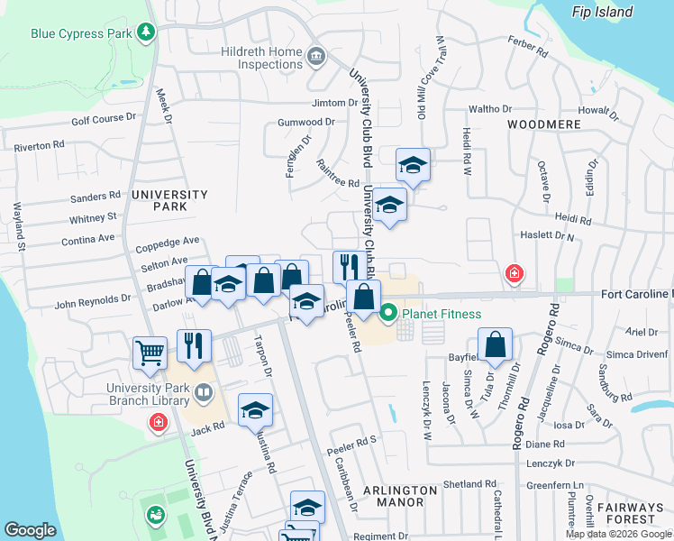 map of restaurants, bars, coffee shops, grocery stores, and more near 5959-4 5959-4 Fort Caroline Ap in Jacksonville