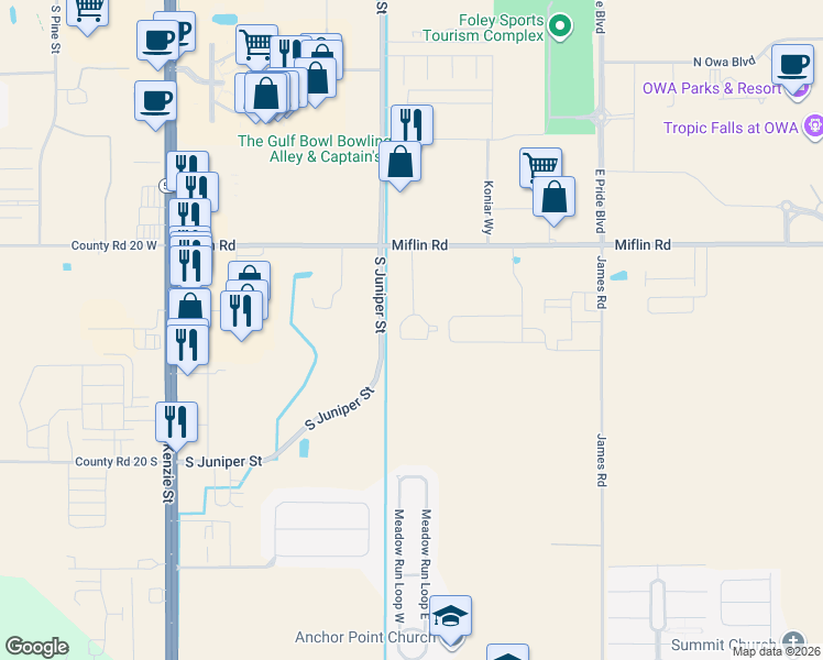 map of restaurants, bars, coffee shops, grocery stores, and more near 3151 Boulevard de Sevilla in Foley
