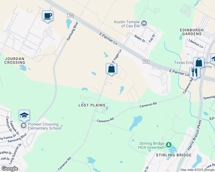 map of restaurants, bars, coffee shops, grocery stores, and more near 4814 East Yager Lane in Manor