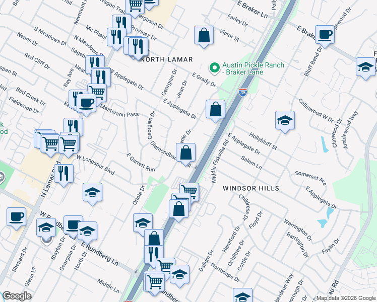 map of restaurants, bars, coffee shops, grocery stores, and more near 10213 Brownie Drive in Austin