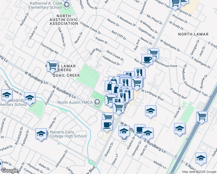 map of restaurants, bars, coffee shops, grocery stores, and more near 9607 Covey Ridge Lane in Austin