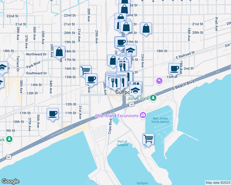 map of restaurants, bars, coffee shops, grocery stores, and more near 1301 26th Avenue in Gulfport