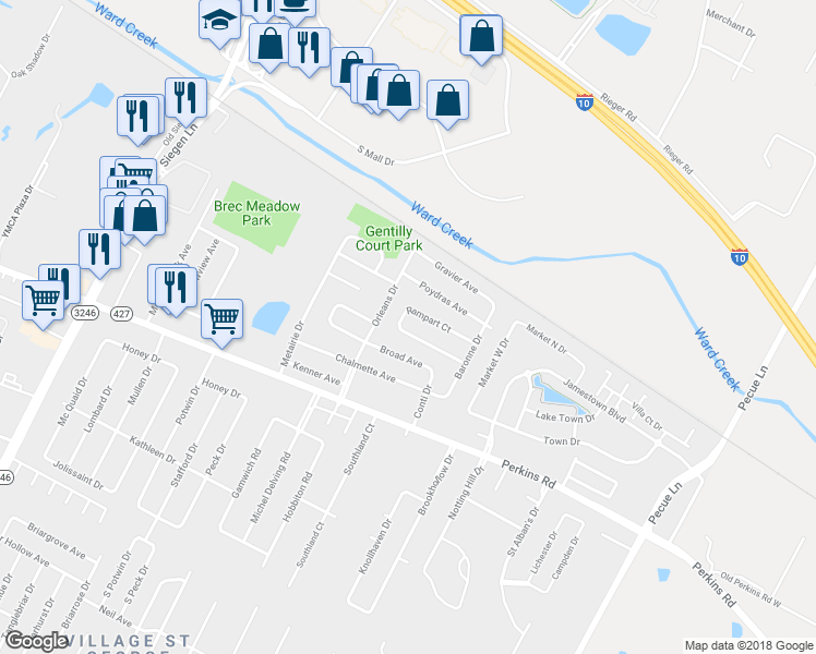 map of restaurants, bars, coffee shops, grocery stores, and more near 13843 Rampart Court in Baton Rouge