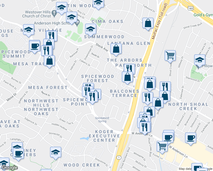 map of restaurants, bars, coffee shops, grocery stores, and more near 3615 Summit Bend in Austin