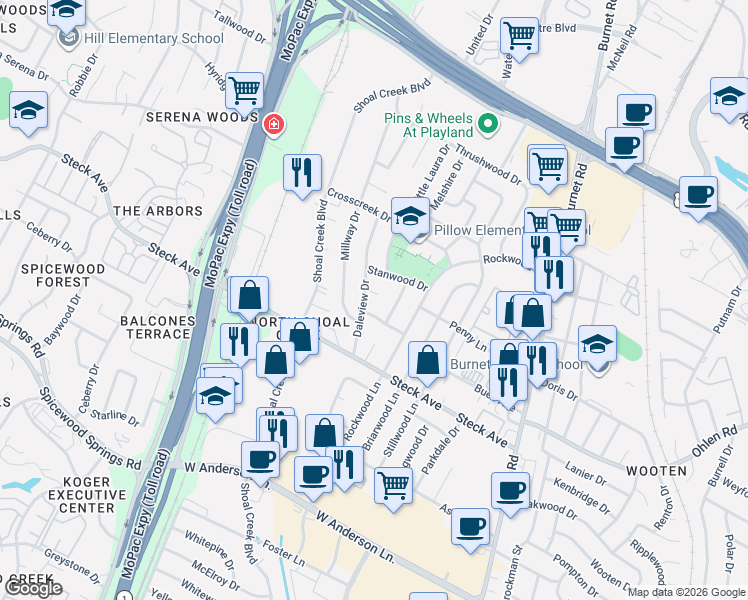 map of restaurants, bars, coffee shops, grocery stores, and more near 3105 Candlelight Court in Austin