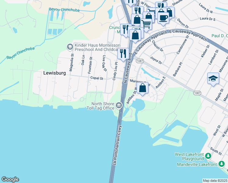 map of restaurants, bars, coffee shops, grocery stores, and more near 127 Cindy Lou Place in Mandeville