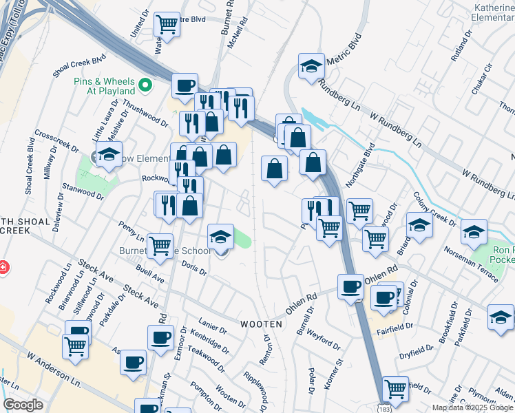 map of restaurants, bars, coffee shops, grocery stores, and more near 8614 Fireside Drive in Austin