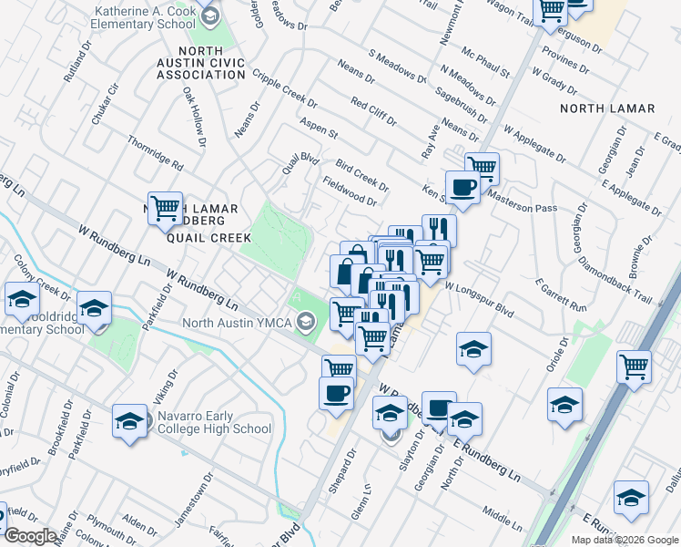map of restaurants, bars, coffee shops, grocery stores, and more near 9607 Covey Ridge Lane in Austin