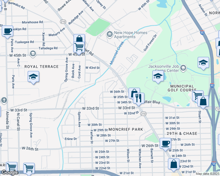 map of restaurants, bars, coffee shops, grocery stores, and more near 1649 West 36th Street in Jacksonville