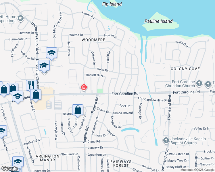 map of restaurants, bars, coffee shops, grocery stores, and more near 3730 Hoover Lane in Jacksonville