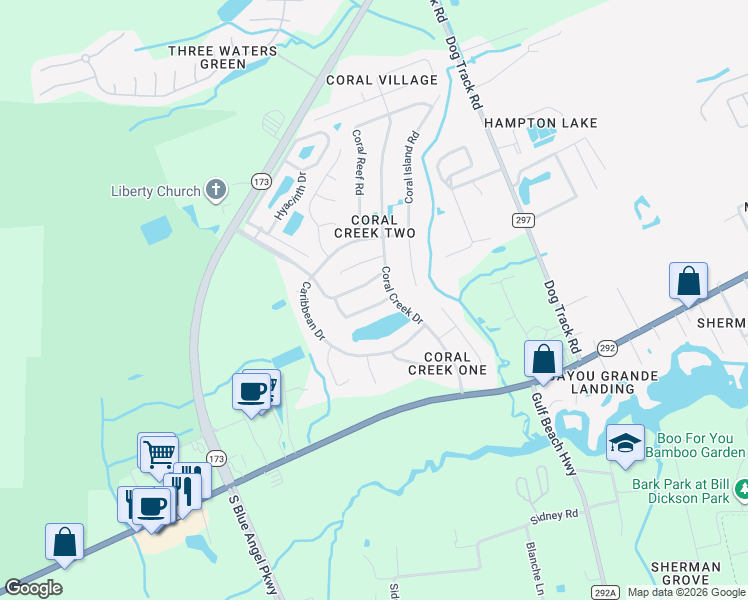 map of restaurants, bars, coffee shops, grocery stores, and more near 7008 Andros Drive in Pensacola