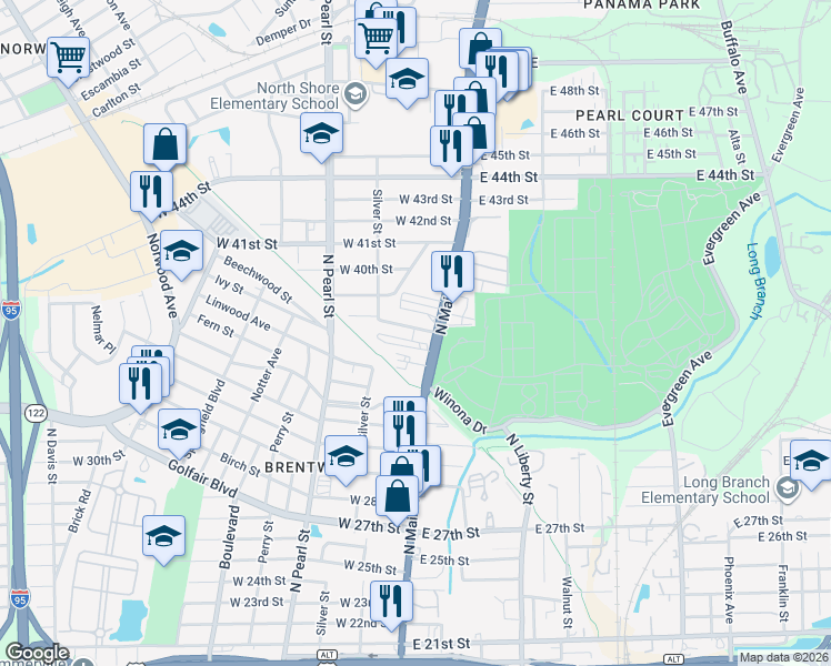 map of restaurants, bars, coffee shops, grocery stores, and more near 30 West 38th Street in Jacksonville