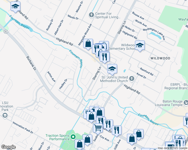 map of restaurants, bars, coffee shops, grocery stores, and more near 8873 Lochness Avenue in Baton Rouge