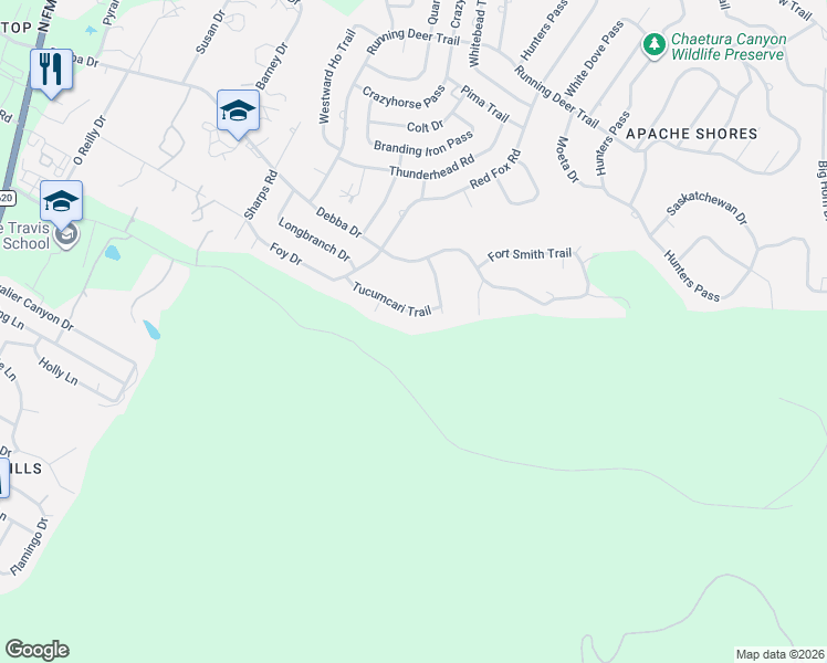 map of restaurants, bars, coffee shops, grocery stores, and more near 14407 Tucumcari Trail in Austin