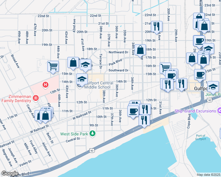 map of restaurants, bars, coffee shops, grocery stores, and more near 1300 37th Avenue in Gulfport