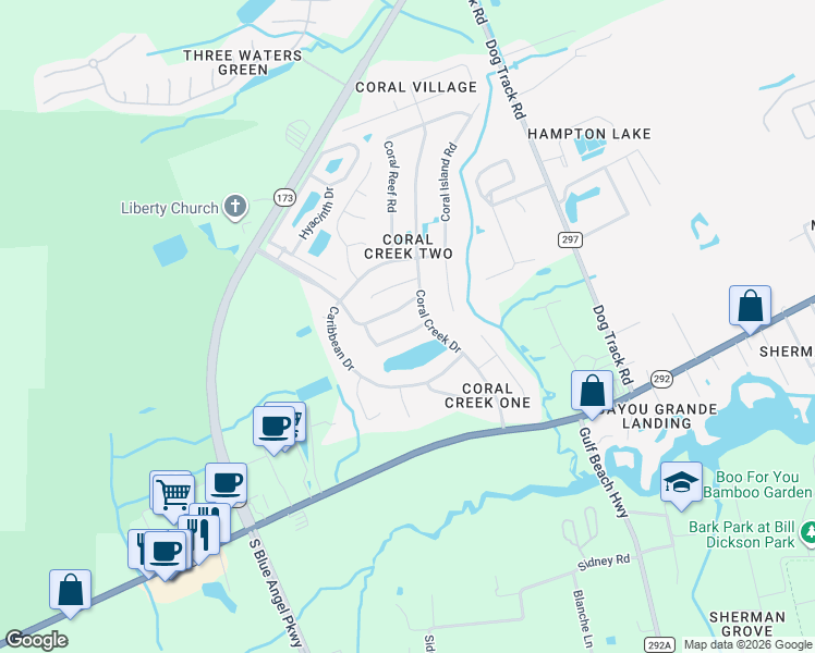 map of restaurants, bars, coffee shops, grocery stores, and more near 7008 Andros Drive in Pensacola