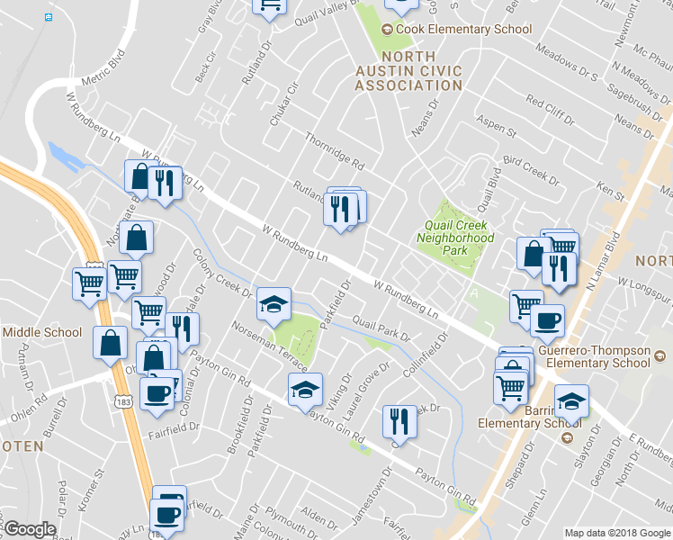 map of restaurants, bars, coffee shops, grocery stores, and more near 1305 West Rundberg Lane in Austin