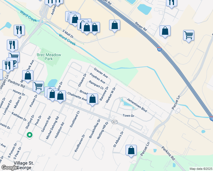 map of restaurants, bars, coffee shops, grocery stores, and more near 14166 Poydras Avenue in Baton Rouge