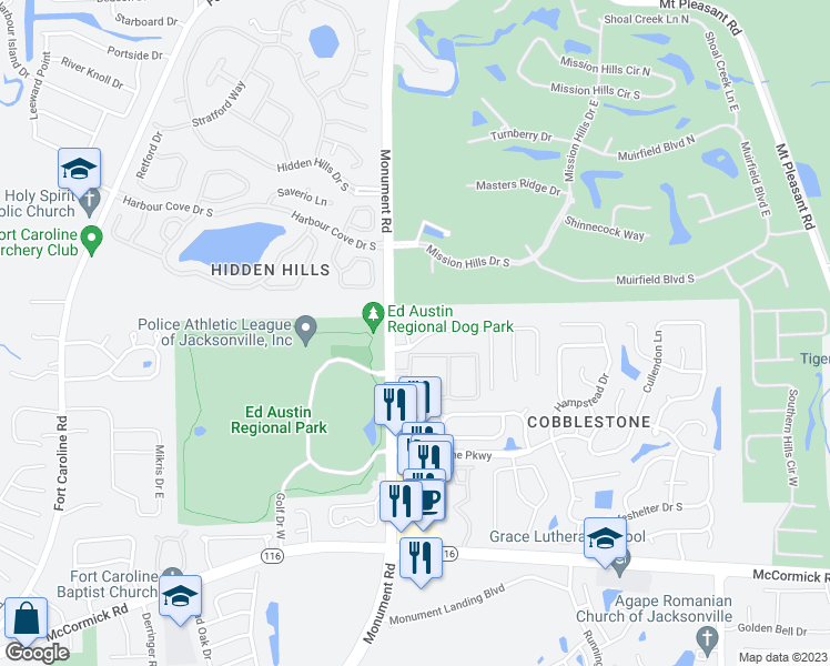 map of restaurants, bars, coffee shops, grocery stores, and more near 12017 Cancun Drive in Jacksonville