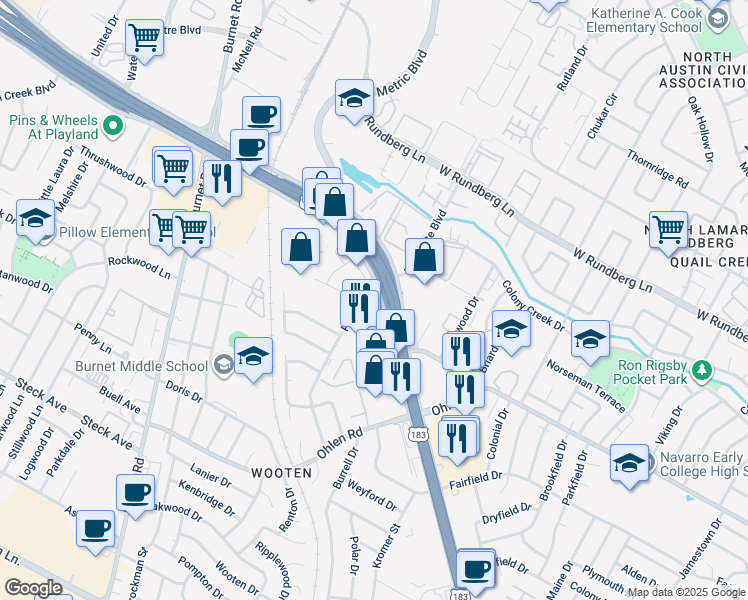 map of restaurants, bars, coffee shops, grocery stores, and more near 8816 Research Boulevard in Austin