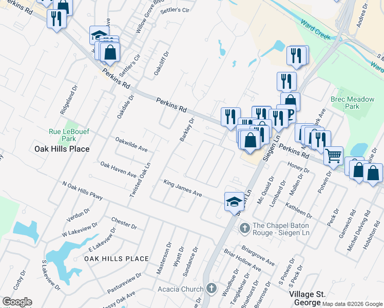 map of restaurants, bars, coffee shops, grocery stores, and more near 753 Wordsworth Drive in Baton Rouge