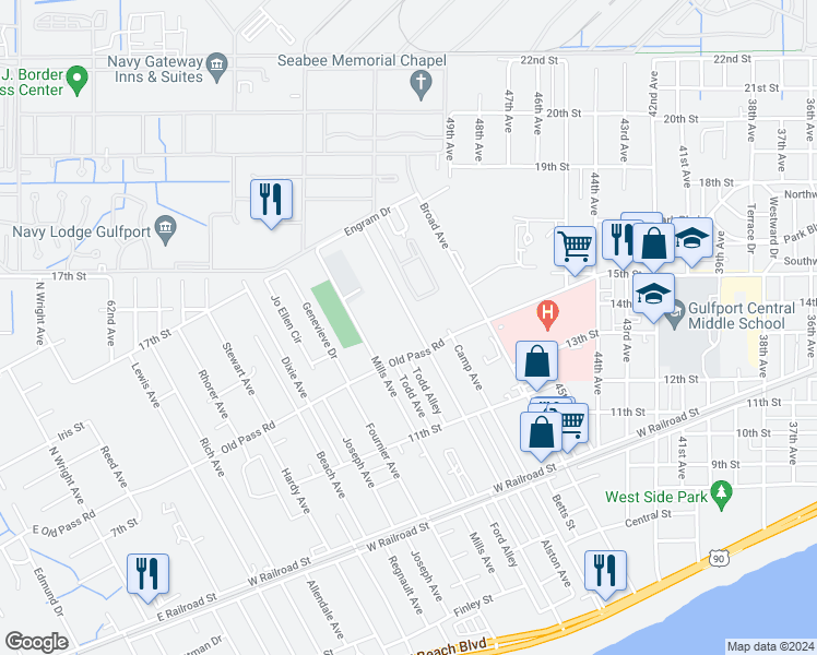 map of restaurants, bars, coffee shops, grocery stores, and more near 1411 Woodward Avenue in Gulfport
