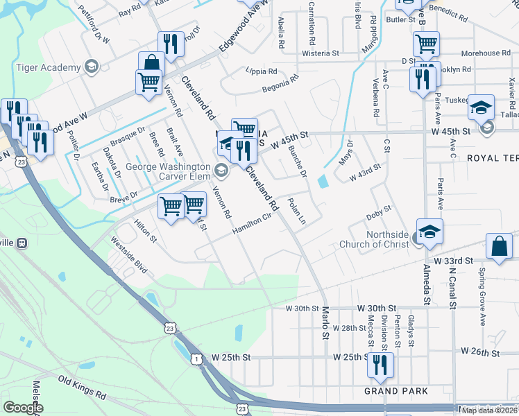 map of restaurants, bars, coffee shops, grocery stores, and more near 2737 Hamilton Cir in Jacksonville
