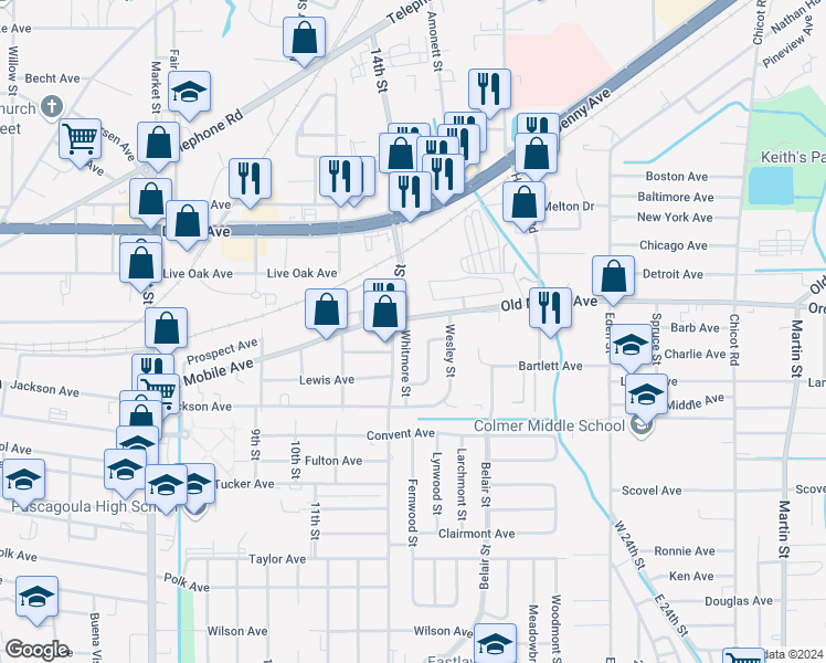 map of restaurants, bars, coffee shops, grocery stores, and more near 3200-3298 14th Street in Pascagoula
