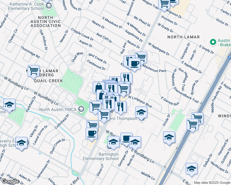 map of restaurants, bars, coffee shops, grocery stores, and more near 9710 North Lamar Boulevard in Austin