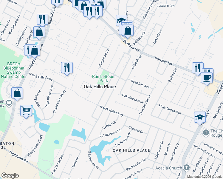 map of restaurants, bars, coffee shops, grocery stores, and more near 1325 Rue Crozat in Baton Rouge