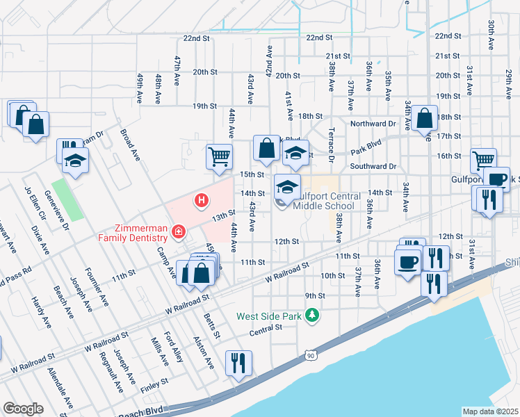 map of restaurants, bars, coffee shops, grocery stores, and more near 4208 13th St in Gulfport