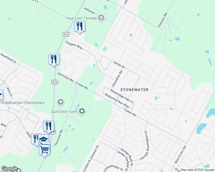 map of restaurants, bars, coffee shops, grocery stores, and more near 12102 Stoneridge Gap Lane in Manor