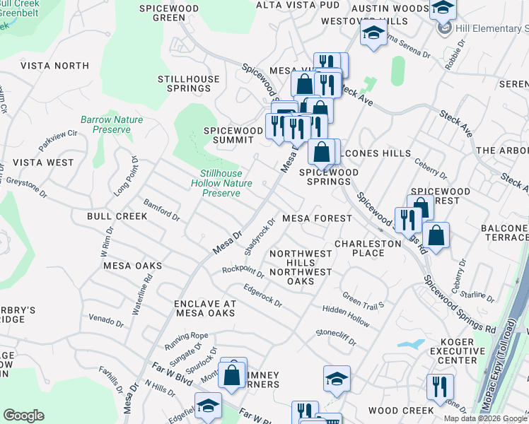 map of restaurants, bars, coffee shops, grocery stores, and more near 7801 Mesa Drive in Austin