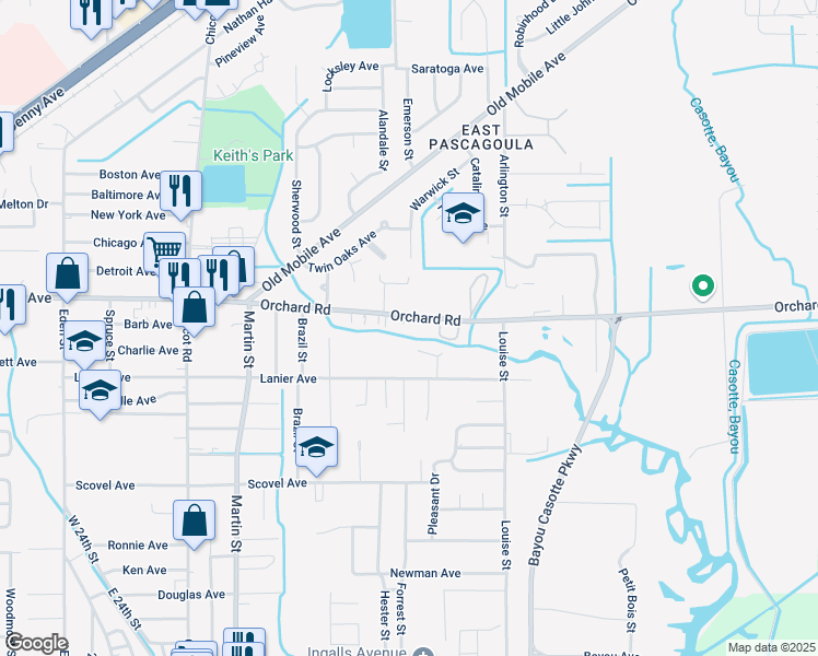 map of restaurants, bars, coffee shops, grocery stores, and more near 4606 Orchard Road in Pascagoula