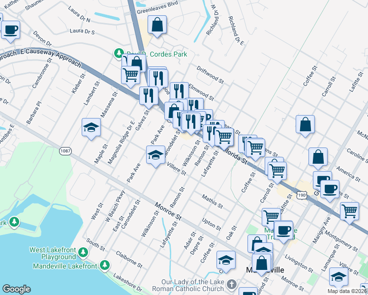 map of restaurants, bars, coffee shops, grocery stores, and more near 2626 Rebecca Lane in Mandeville