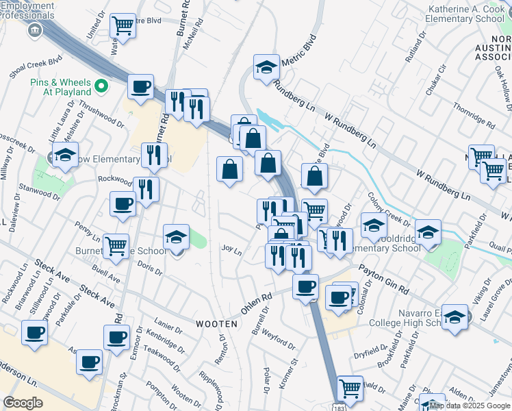 map of restaurants, bars, coffee shops, grocery stores, and more near 8704 Putnam Drive in Austin