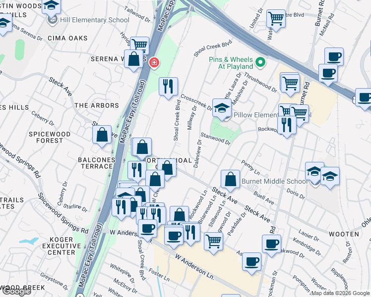 map of restaurants, bars, coffee shops, grocery stores, and more near 8302 Millway Drive in Austin