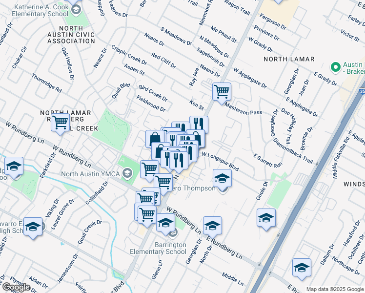 map of restaurants, bars, coffee shops, grocery stores, and more near 9710 North Lamar Boulevard in Austin