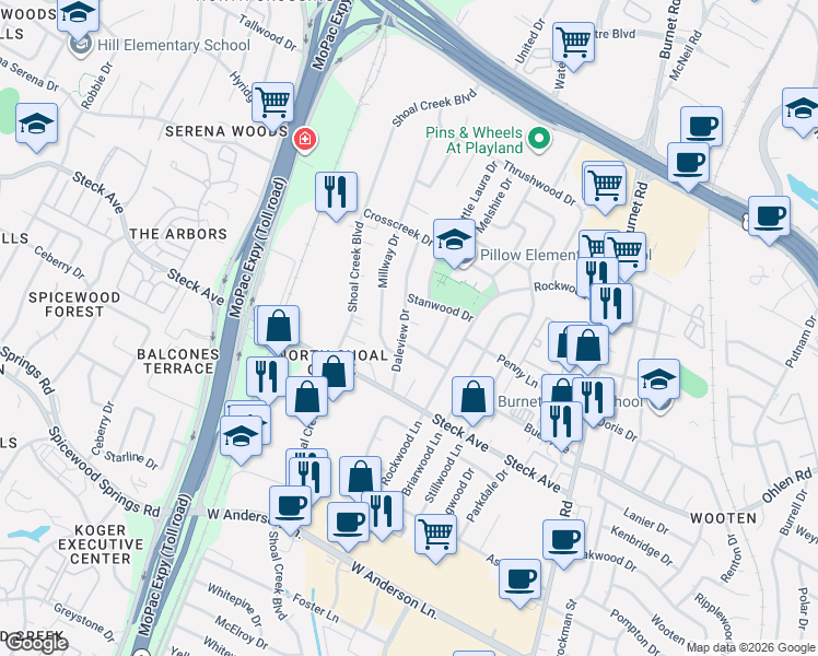 map of restaurants, bars, coffee shops, grocery stores, and more near 3105 Candlelight Court in Austin