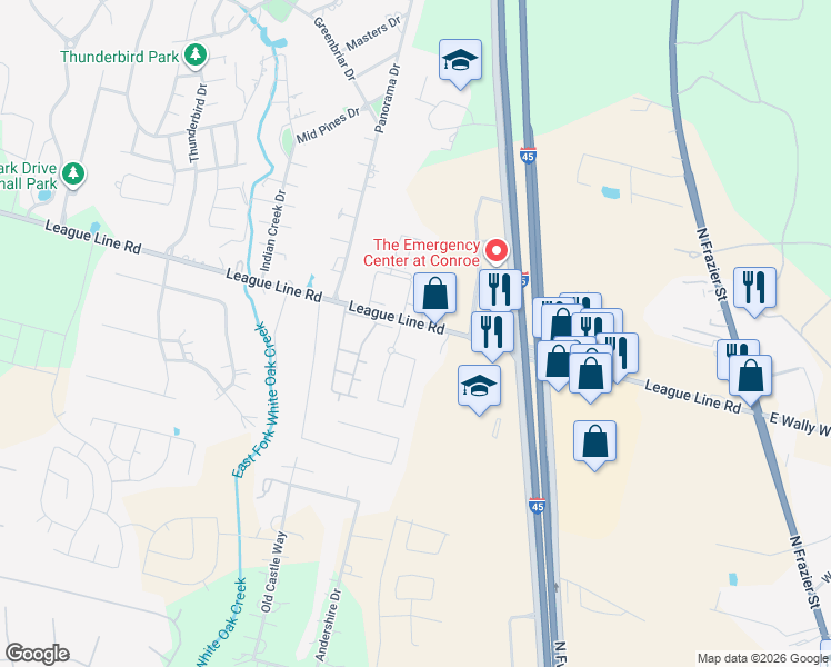 map of restaurants, bars, coffee shops, grocery stores, and more near 1561 League Line Road in Conroe