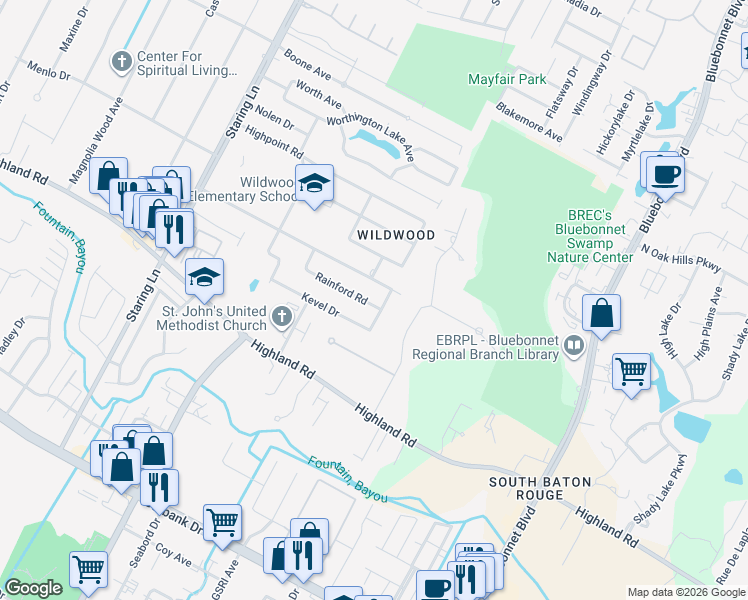 map of restaurants, bars, coffee shops, grocery stores, and more near 9484 Rainford Road in Baton Rouge