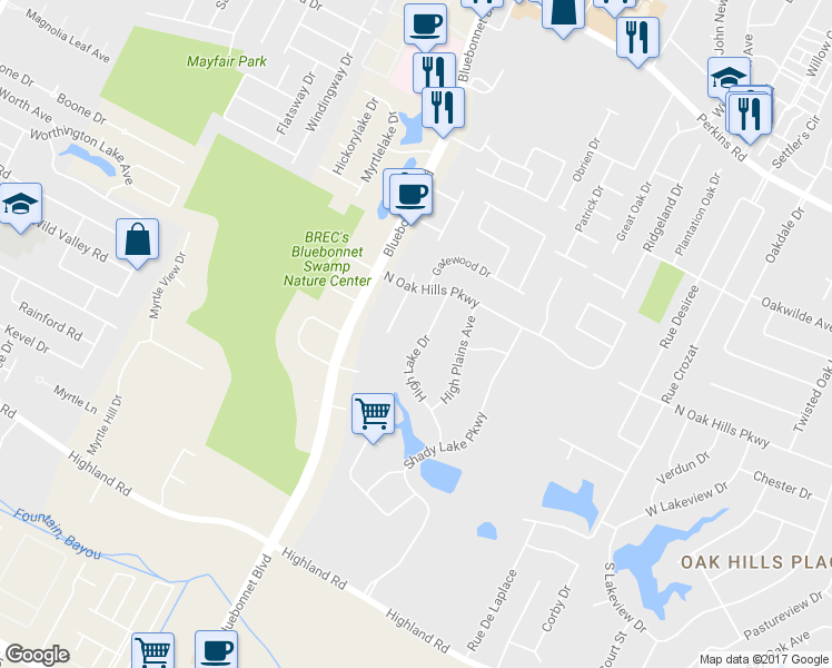 map of restaurants, bars, coffee shops, grocery stores, and more near 829 High Lake Drive in Baton Rouge