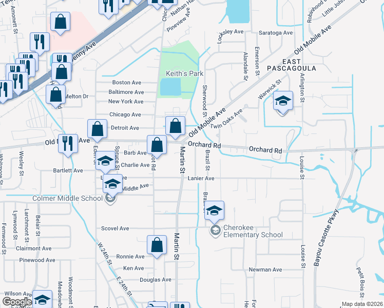 map of restaurants, bars, coffee shops, grocery stores, and more near 3301 Argentina Street in Pascagoula