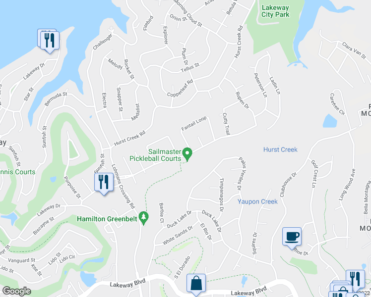 map of restaurants, bars, coffee shops, grocery stores, and more near 327 Fantail Loop in Austin