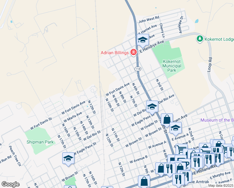 map of restaurants, bars, coffee shops, grocery stores, and more near 1400-1498 North 8th Street in Alpine