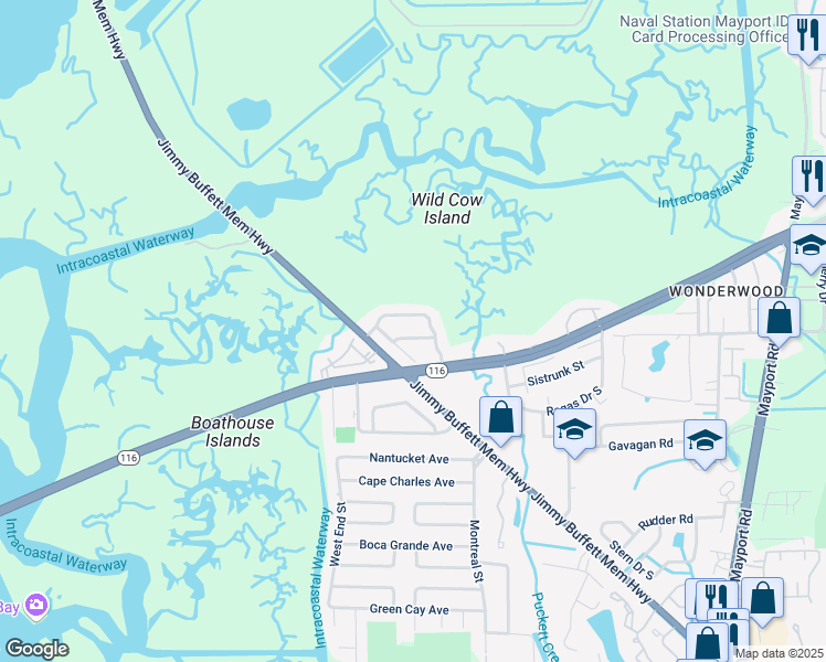 map of restaurants, bars, coffee shops, grocery stores, and more near 1225 Songbird Lane in Jacksonville